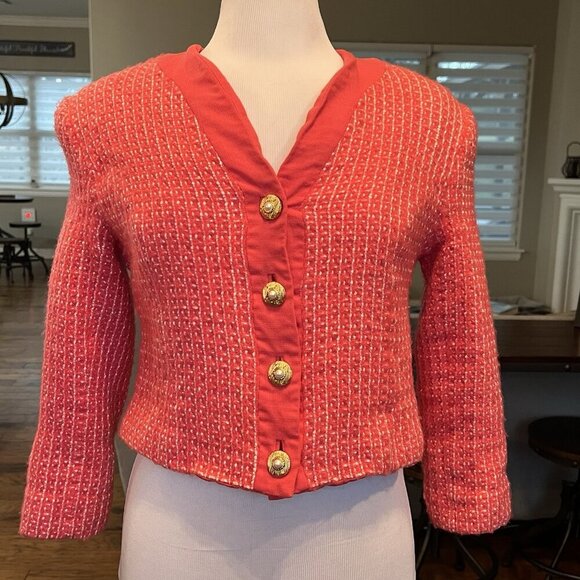 VTG Doncaster Women's Pink Tweed Wool Crop Blazer Jacket Size 14 Shrunk fits M L - Picture 2 of 14